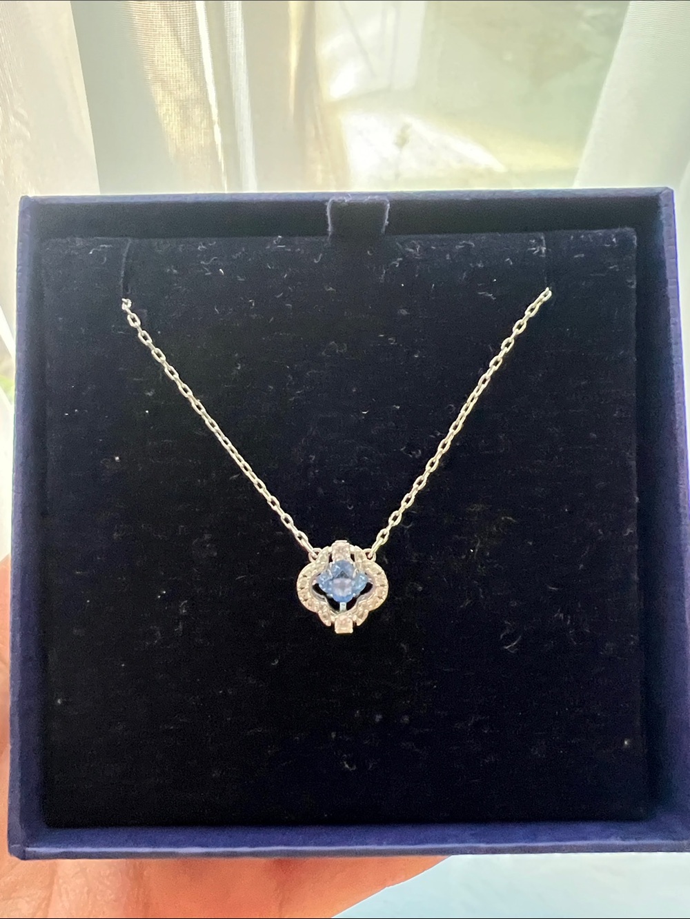 Swarovski Silver Necklace with Blue Crystal Flower Pendant - Picture 2 of 5